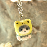 Gray Frog-Cat Porcelain Necklace - Happy Face